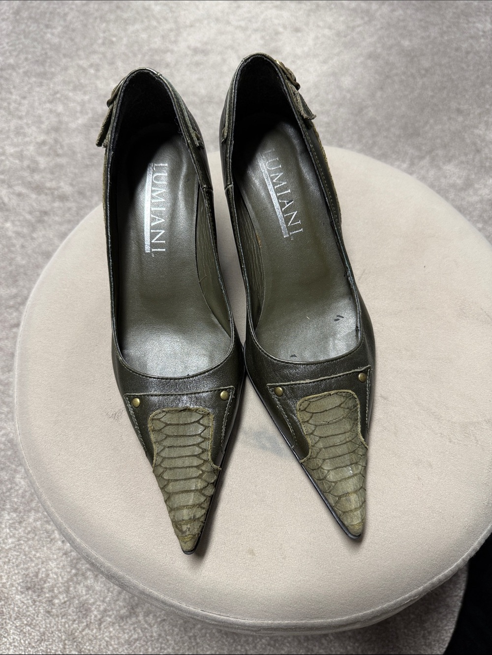 Milani Olive Green Pointed-Toe Heels with Textured Toe Panel